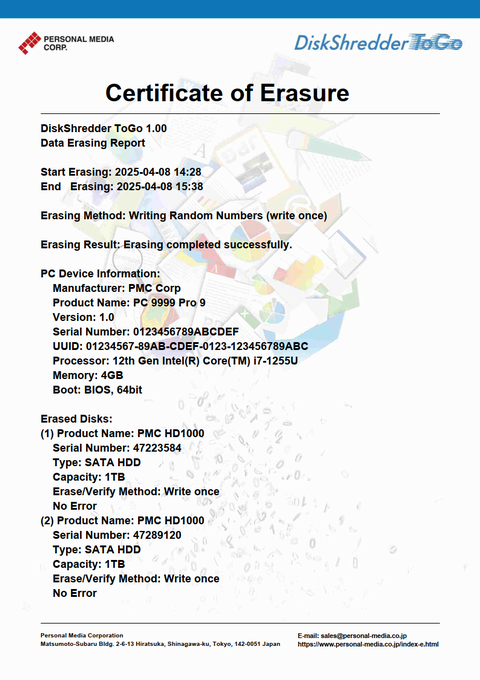 Example of erasure certificate