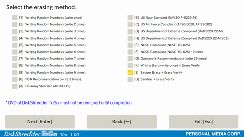  Erasure Method Selection Screen
